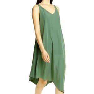 Eileen Fisher V Neck Asymmetrical Nori Green Tencel Shift Dress